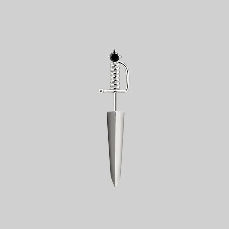 SALEM. Black Spinel Short Dagger Single Earring - Silver