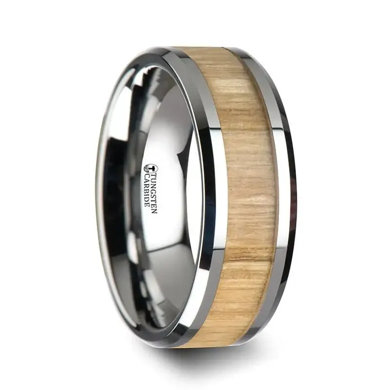 SAMARA Tungsten Ring with Polished Bevels and Real Wood Ash Wood Inlay