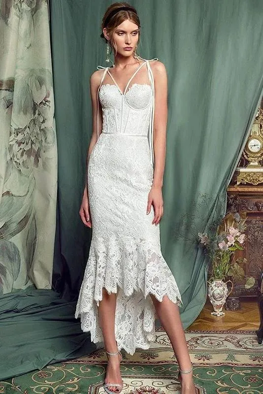 Sheath Lace Prom Dress, Unique Lace Wedding Dress with Ruffles UQ2239