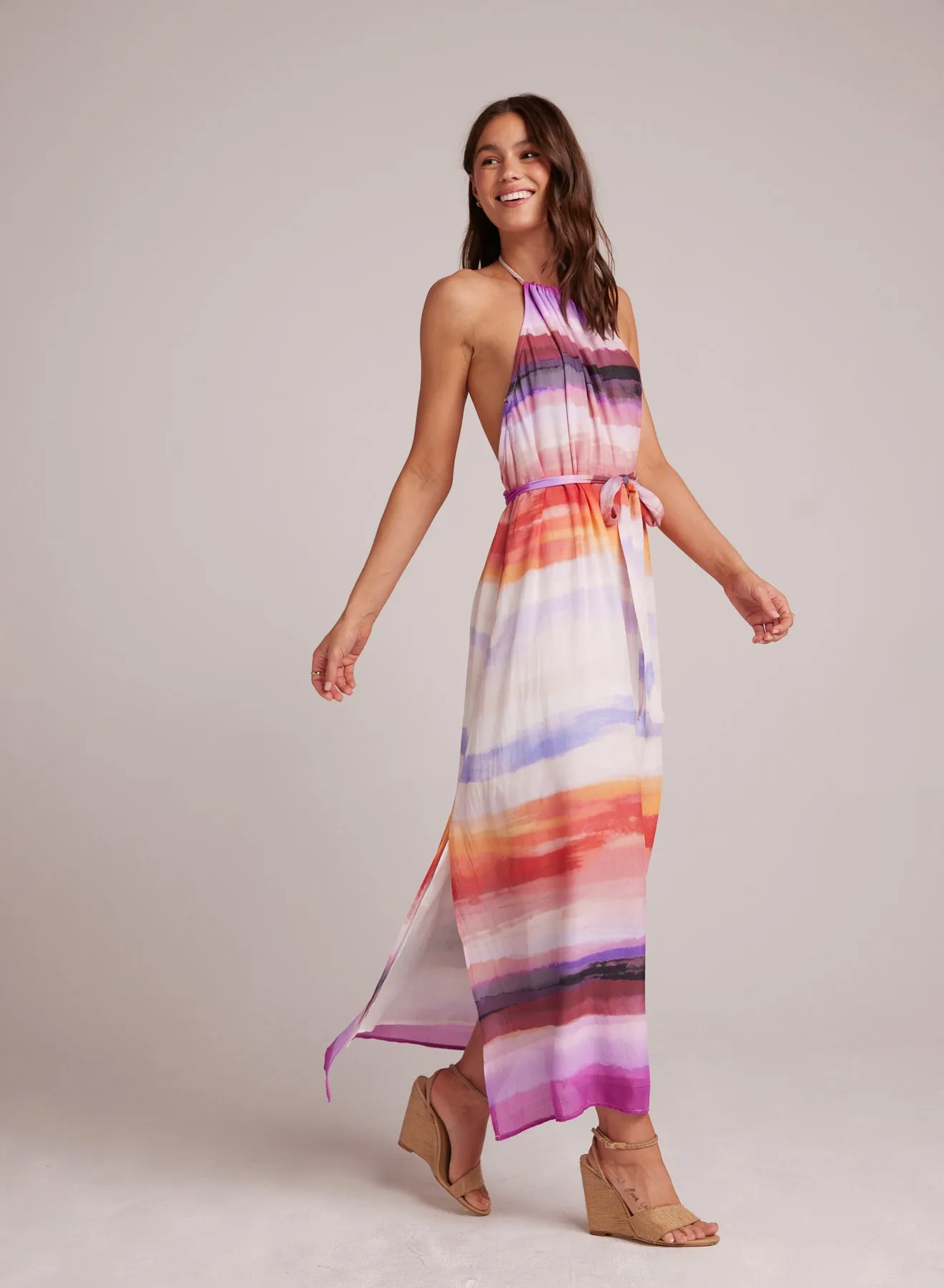 Smocked Waist Halter Midi Dress - Canyon Stripe Print