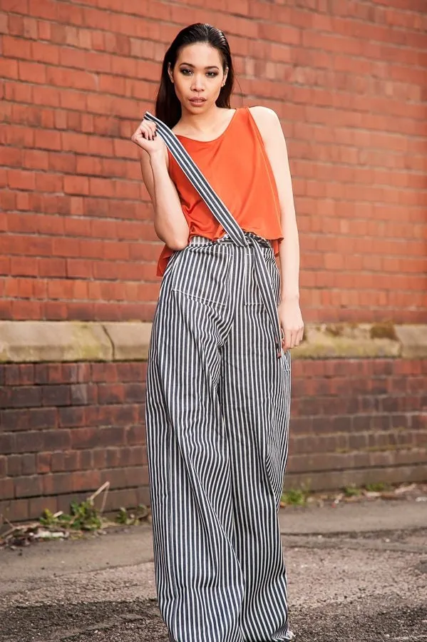 Striped Blue Denim Wide Leg Trousers Pockets