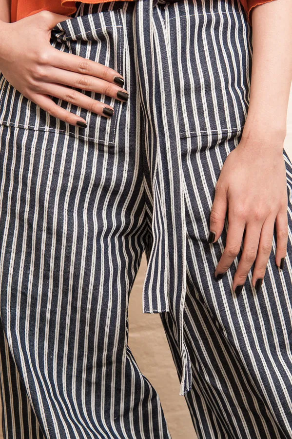 Striped Blue Denim Wide Leg Trousers Pockets