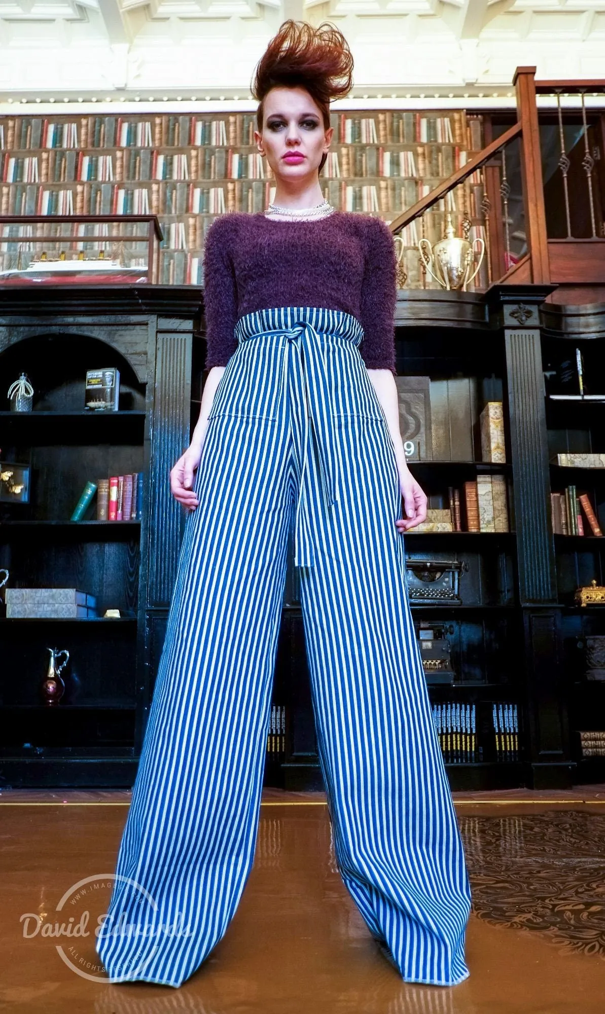 Striped Blue Denim Wide Leg Trousers Pockets