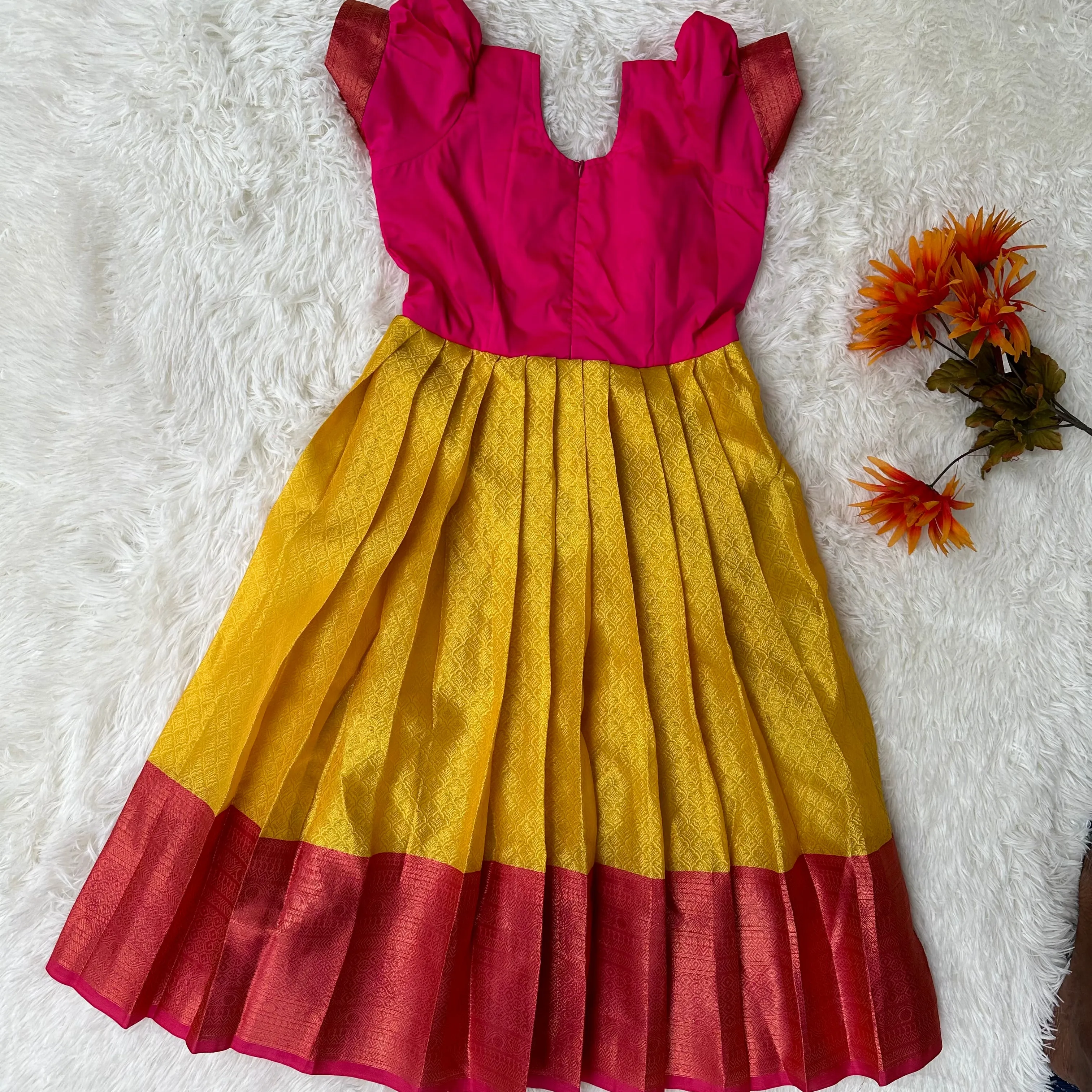 Sunny Bliss: Yellow-Pink Frock with Aari Work