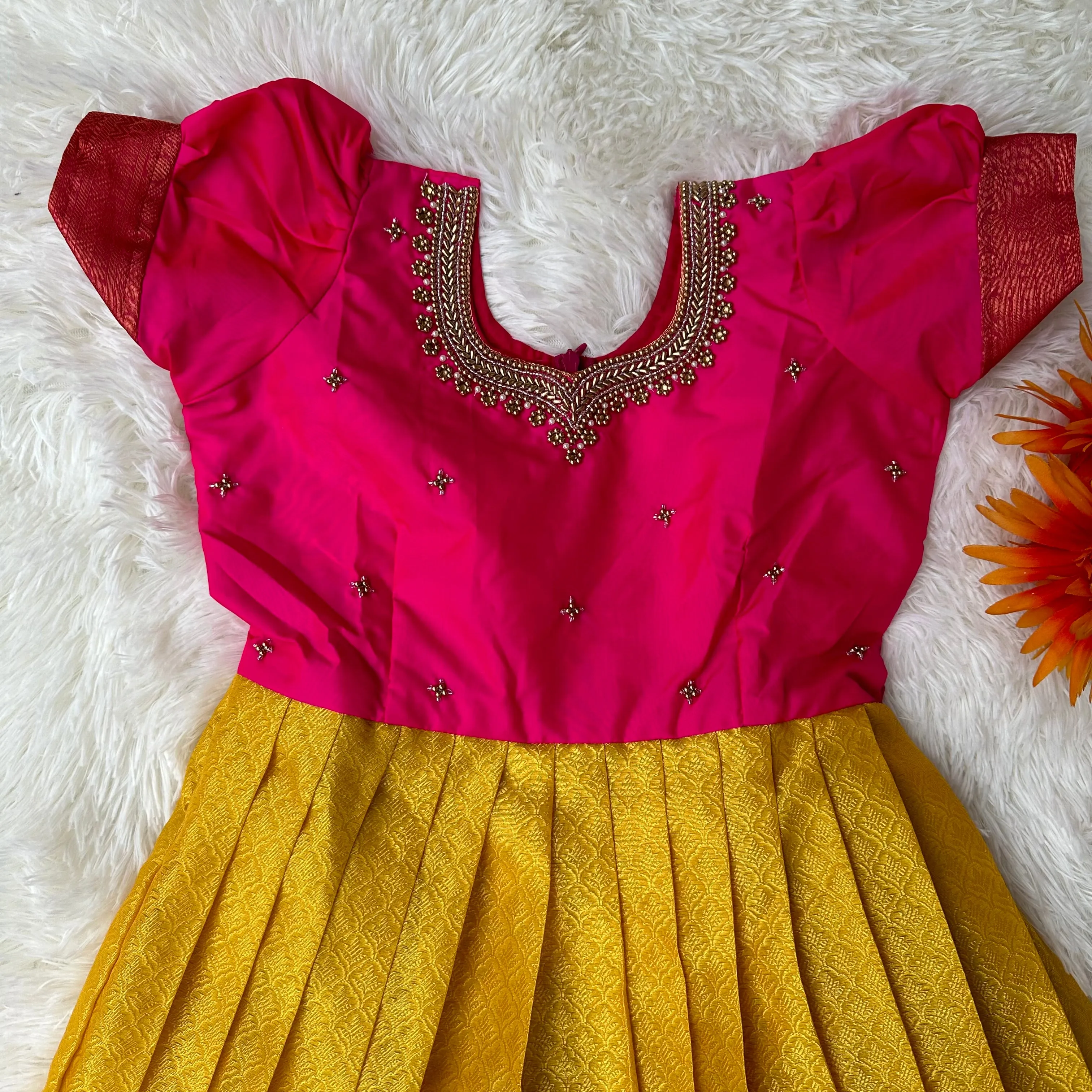 Sunny Bliss: Yellow-Pink Frock with Aari Work