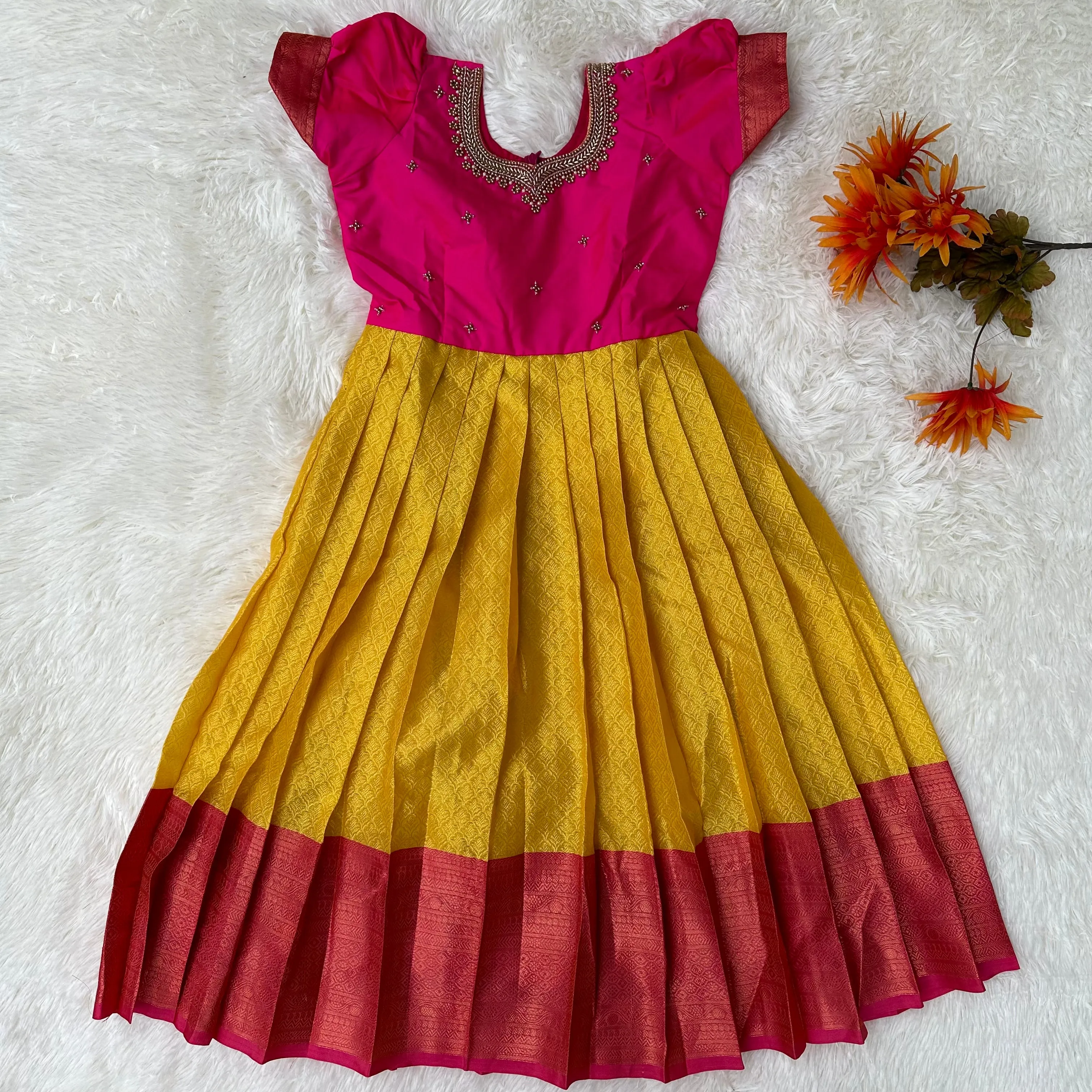 Sunny Bliss: Yellow-Pink Frock with Aari Work