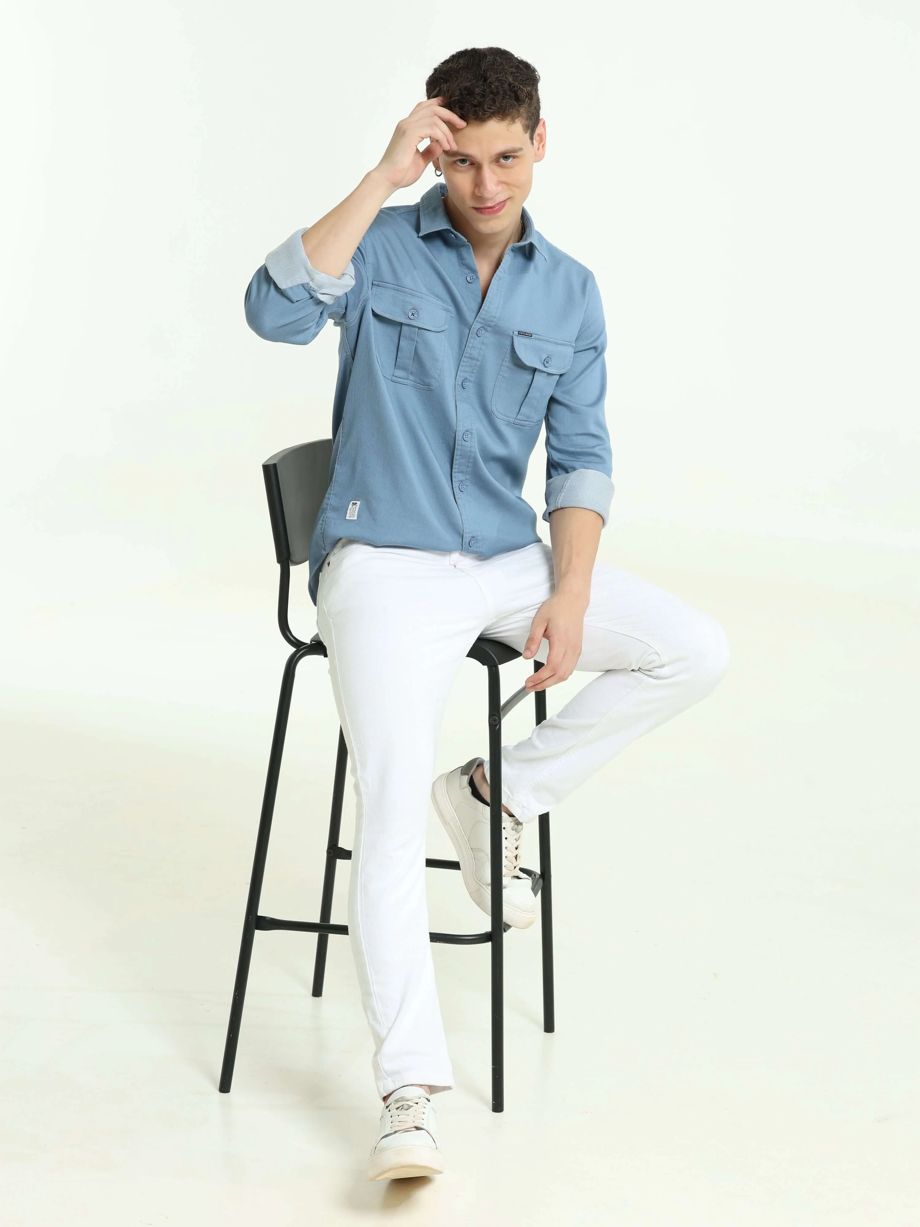 Tufts blue solid double pocket shirt