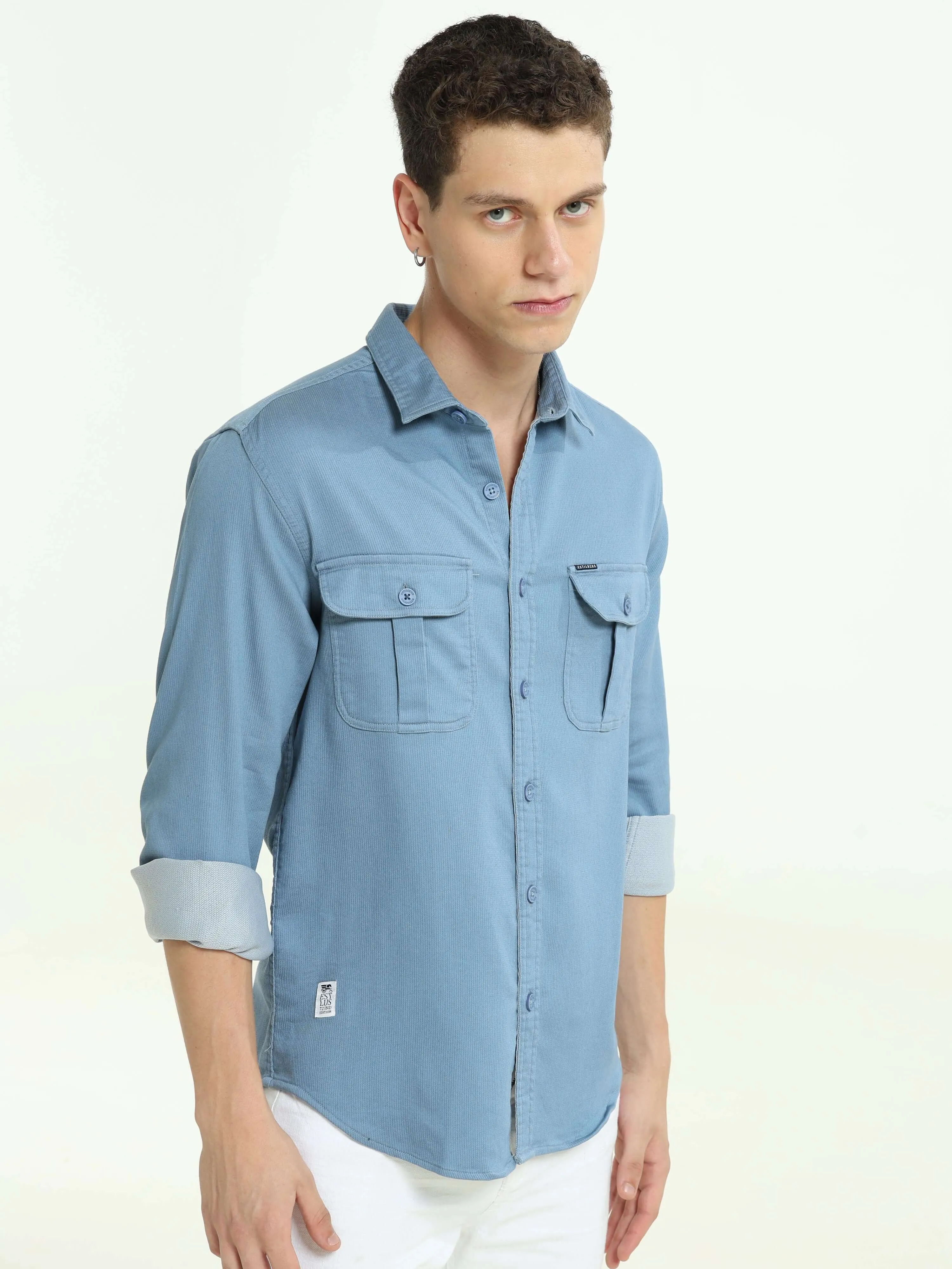 Tufts blue solid double pocket shirt