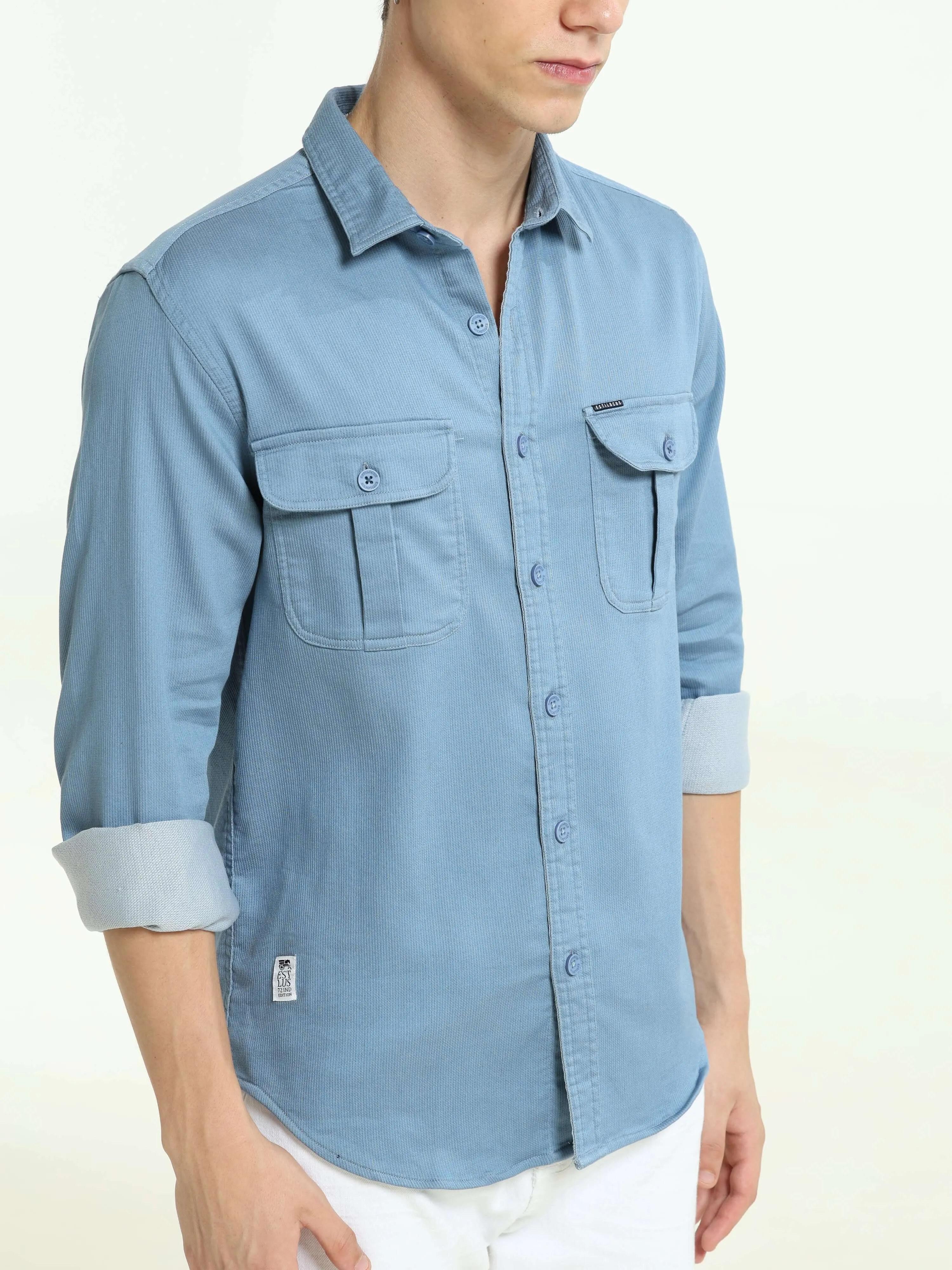 Tufts blue solid double pocket shirt