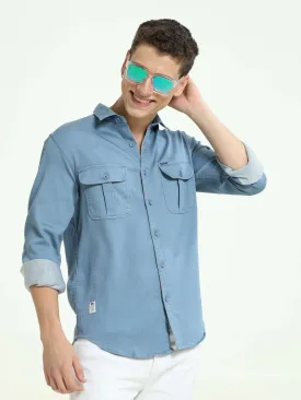 Tufts blue solid double pocket shirt