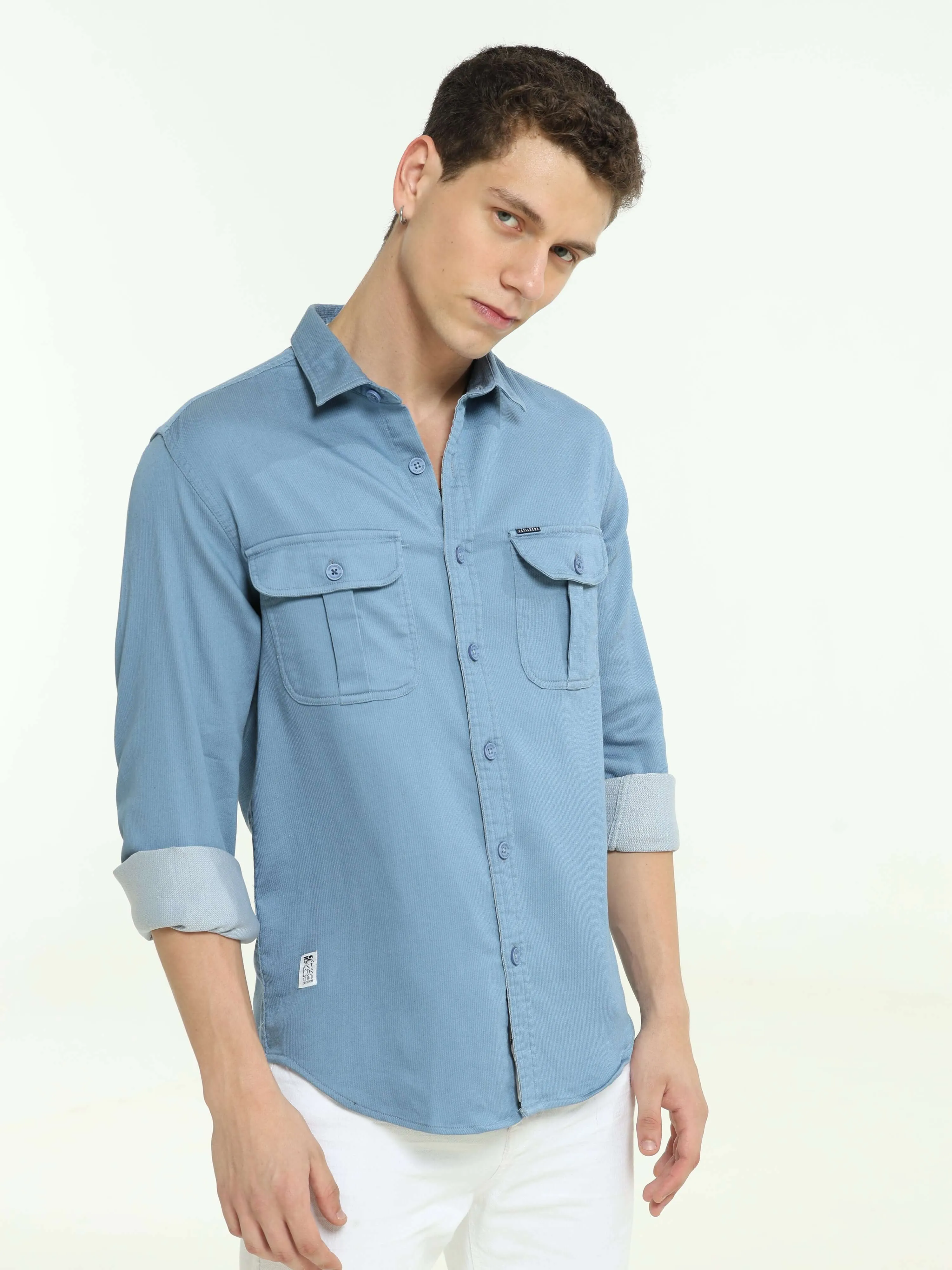 Tufts blue solid double pocket shirt