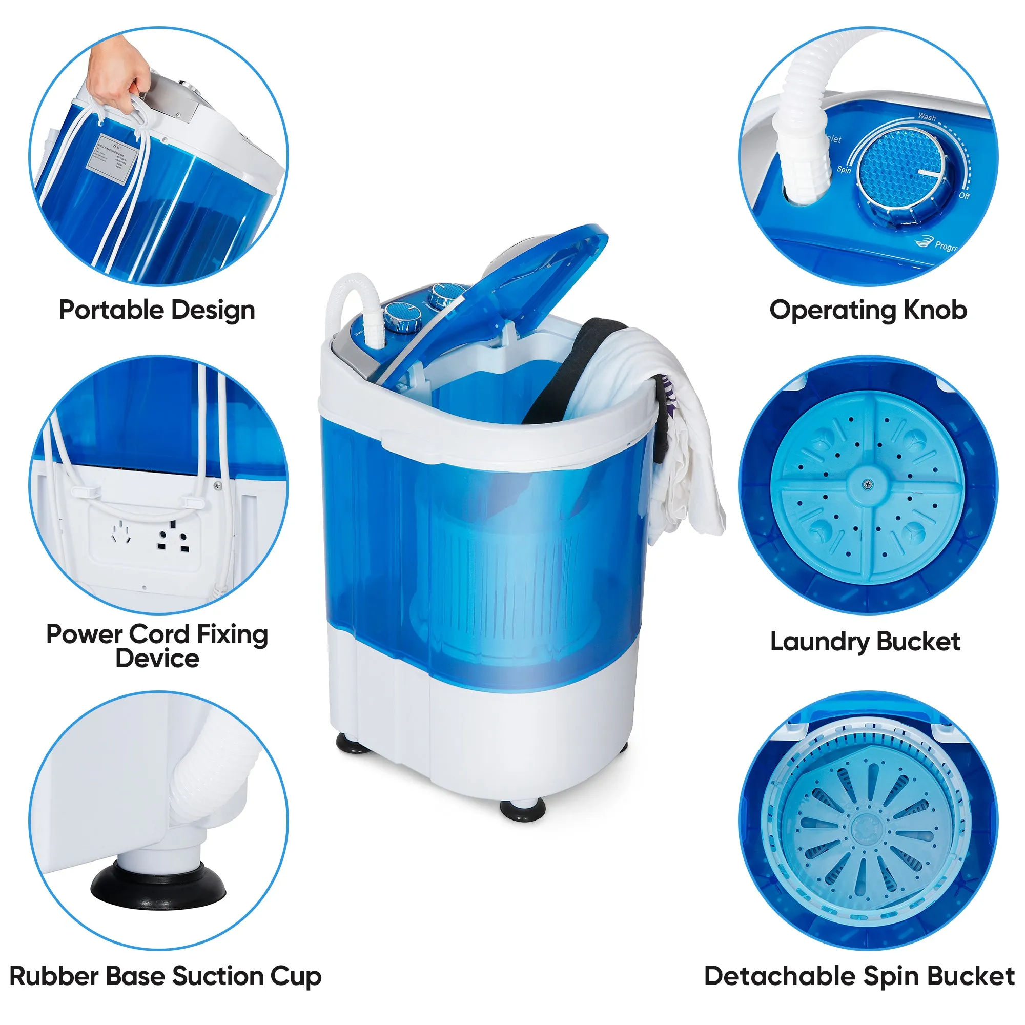 ZENY™ Mini Washer 5.7 lbs Capacity Portable Single Tub Compact Washing Machine with Spin Cycle Basket and Drain Hose,RVs 110V